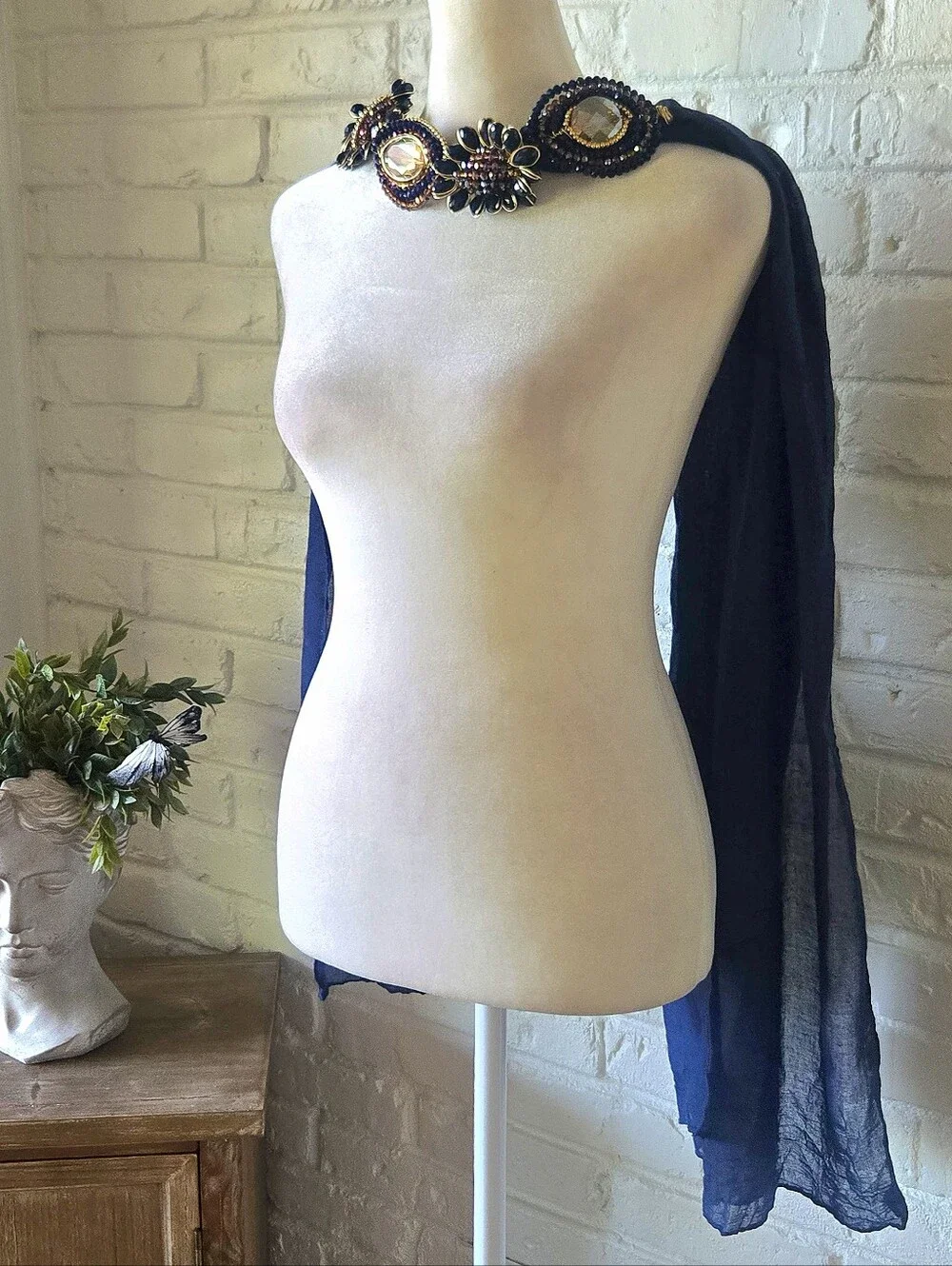 Vtg 80s 90s Flowy Faceted Jewel Embellished Neck Scarf, Party, Formal, Navy